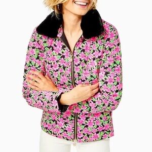 LILLY PULITZER Carrington Jacket Onyx Lil Lilly Black Down Filled Fur Collar 16